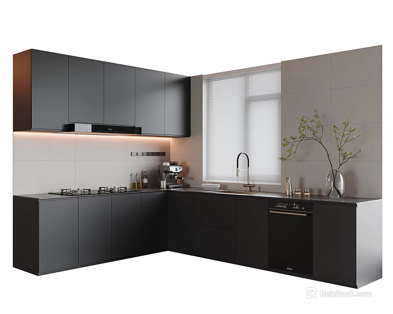 Modern Kitchen With Black Cabinets Stove Sink Dishwasher And Window View 3d model 