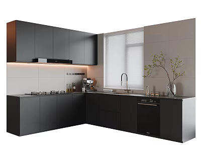 Modern Kitchen With Black Cabinets Stove Sink Dishwasher And Window View 3d model