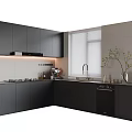 Modern Kitchen With Black Cabinets Stove Sink Dishwasher And Window View