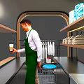 Green Mobile Food Truck With Transparent Sides And Wooden Counter Inside