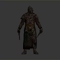 Man In Medieval Armor Holding Two Swords Standing Against Gray Background