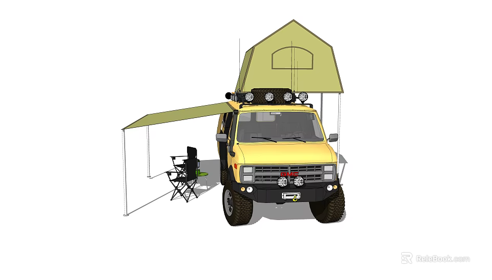 Yellow Off Road Truck with Roof Tent Side Awning and Folding Chair for Camping 3d model 