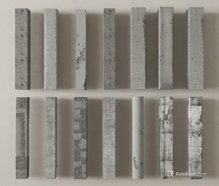 Various Textured Concrete Columns Samples Arranged In Two Rows For Design 3d model