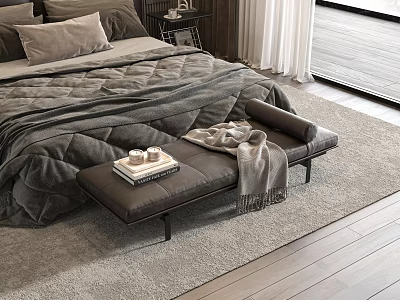 Elegant Bedroom With Bed Bench Books Tray And Warm Blanket On Soft Rug 3d model