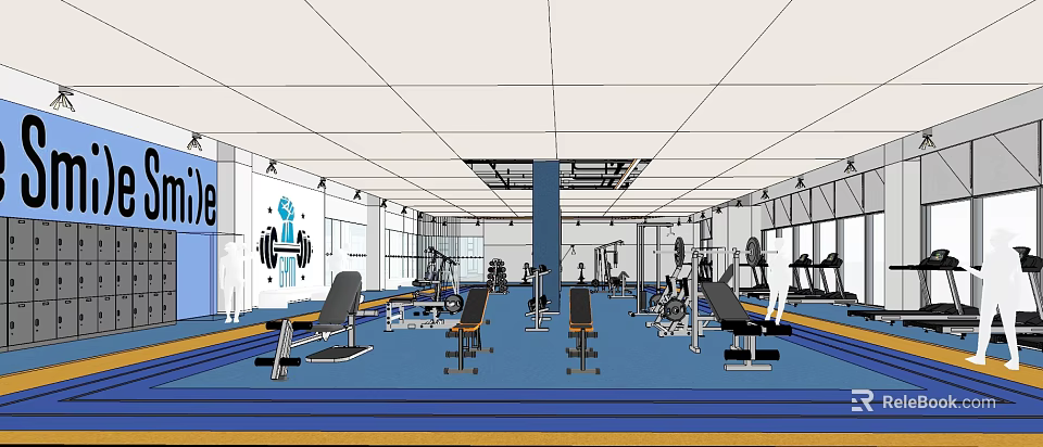 Modern Fitness Gym Interior With Various Workout Equipment Blue Floor And White Walls 3d model 