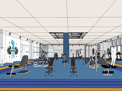Modern Fitness Gym Interior With Various Workout Equipment Blue Floor And White Walls 3d model