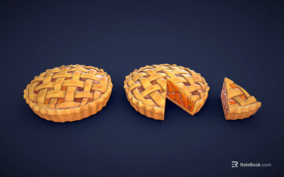 Three Delicious Apple Pies Featuring Lattice Crust One Sliced Showing Filling 3d model 