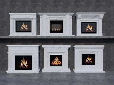 Various White Marble Fireplace Designs With Fires Burning Against Gray Concrete Wall 3d model