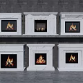 Various White Marble Fireplace Designs With Fires Burning Against Gray Concrete Wall 3d model