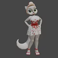 Animated Game Character White Fur Pink Ears Red Bow Heart Pattern Dress Belt And Sandals