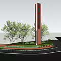 Garden Ornament Featuring Tall Brown Pillar With Red Characters Green Trees And Circular Flower Bed