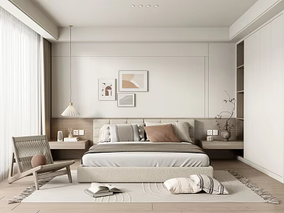 Modern Minimalist Bedroom Featuring Comfortable Bed Pillows Nightstand Chair And Wall Art 3d model