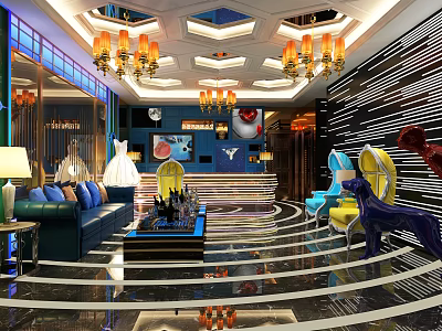 Luxurious KTV Lounge Interior With Modern Chandeliers Sofa Seating And TV Screens 3d model