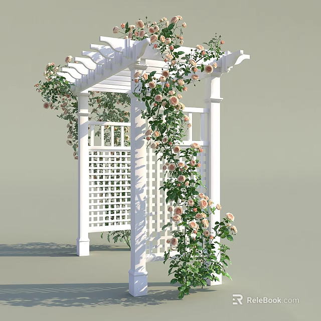 White Pergola Decorated With Pink Flowers And Vines 3d model 