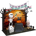 Halloween Party Decoration Setup With Skeleton Pumpkin Lantern Ghost And Spider Web 3d model