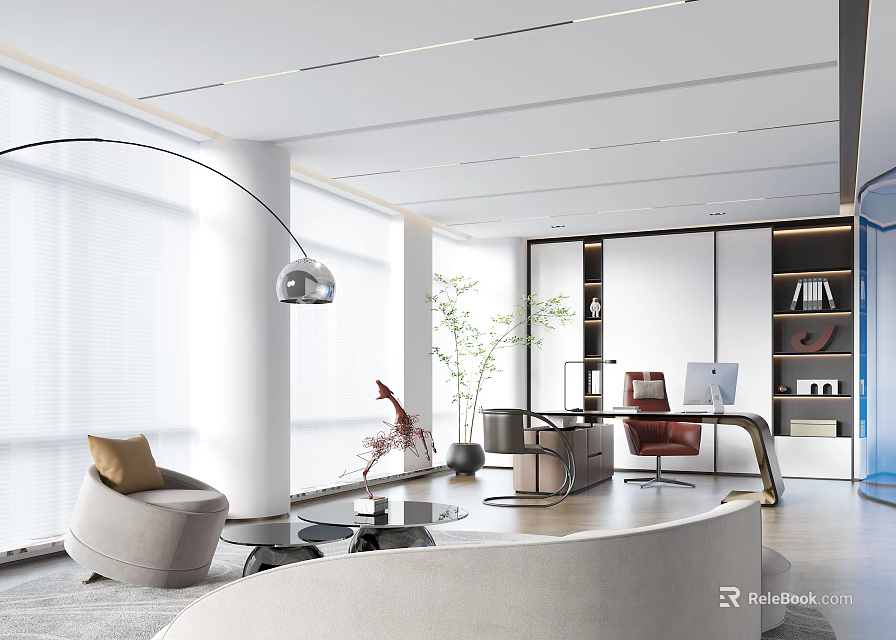 Modern Office Interior Design With Comfortable Sofa Desk Plants Floor Lamp And Large Windows 3d model 