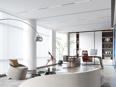 Modern Office Interior Design With Comfortable Sofa Desk Plants Floor Lamp And Large Windows 3d model