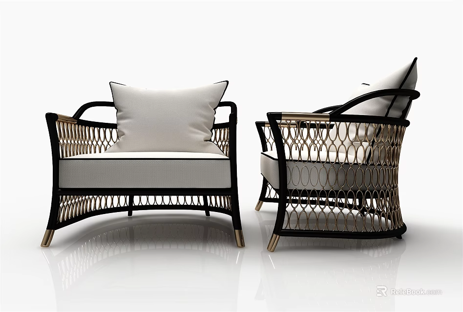 Modern Rattan Single Sofa Design With Black Frame Beige Cushion And White Pillow 3d model 