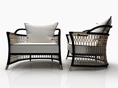 Modern Rattan Single Sofa Design With Black Frame Beige Cushion And White Pillow 3d model
