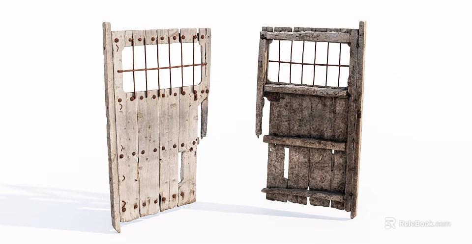 Old Wooden Swing Door With Metal Grille And Weathered Wooden Slats Design 3d model 