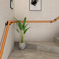 Wooden Stair Railing With Marble Steps Green Plant And Black White Wall Art