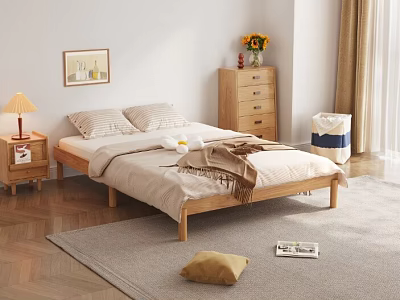 Natural Wooden Double Bed with Light Bedding Nightstands Table Lamp and Vase Flowers 3d model