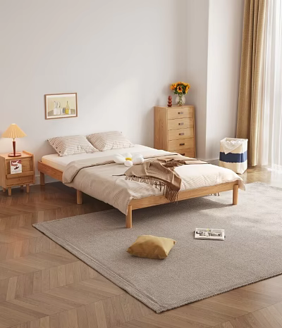 Natural Wooden Double Bed with Light Bedding Nightstands Table Lamp and Vase Flowers 3d model