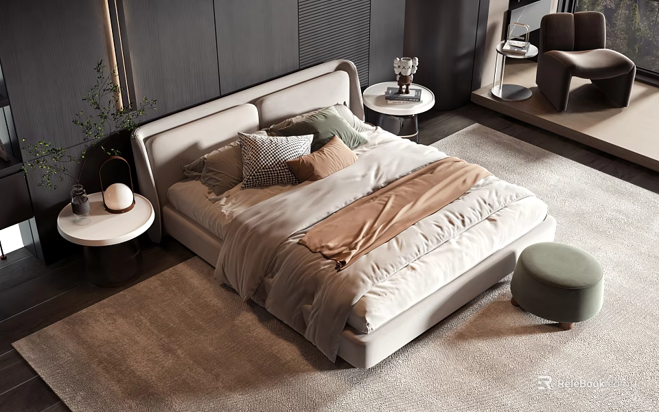 Modern Double Bed With Soft Pillows Cozy Bedding Side Tables Rug And Green Ottoman 3d model 