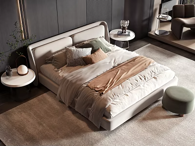 Modern Double Bed With Soft Pillows Cozy Bedding Side Tables Rug And Green Ottoman 3d model