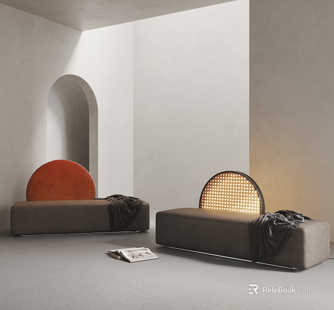 Modern Dark Gray Sectional Sofas With Orange And Mesh Circular Backrests White Walls Arched Doorway 3d model 