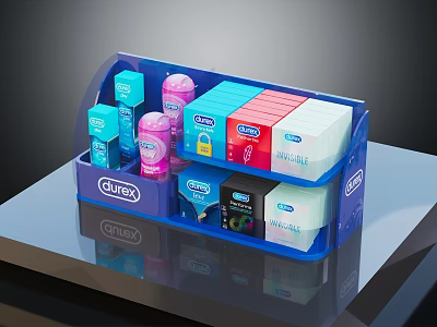 Blue Storage Organizer With Surex Products Colored Boxes And Bottles On Tabletop 3d model