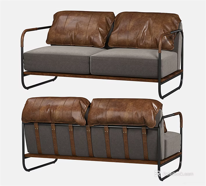 Modern Two Seater Sofa With Brown Leather Cushions And Metal Frame 3d model 