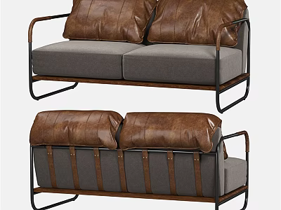 Modern Two Seater Sofa With Brown Leather Cushions And Metal Frame 3d model