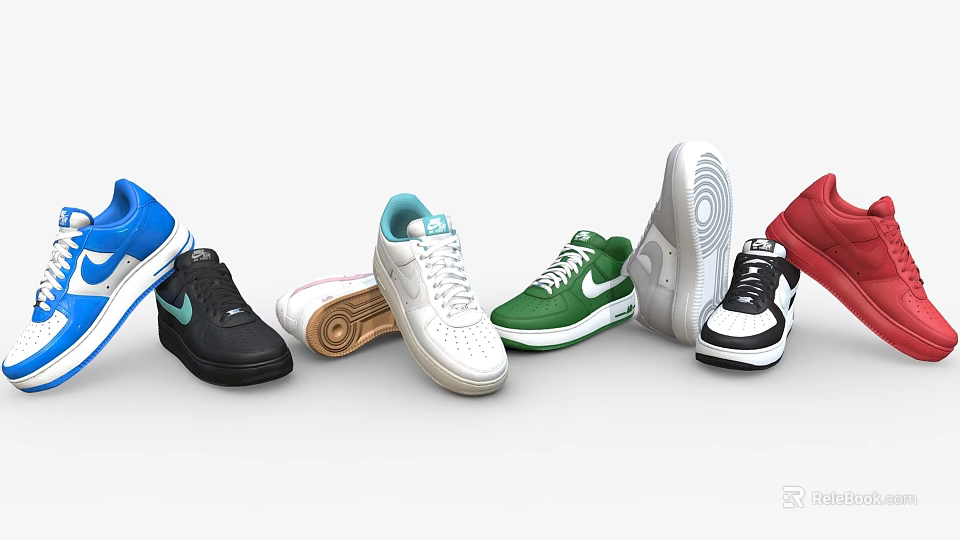 Colorful Sneakers Display With Blue Black White Green Red Styles And Different Soles Design 3d model 