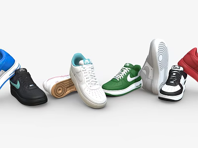 Colorful Sneakers Display With Blue Black White Green Red Styles And Different Soles Design 3d model