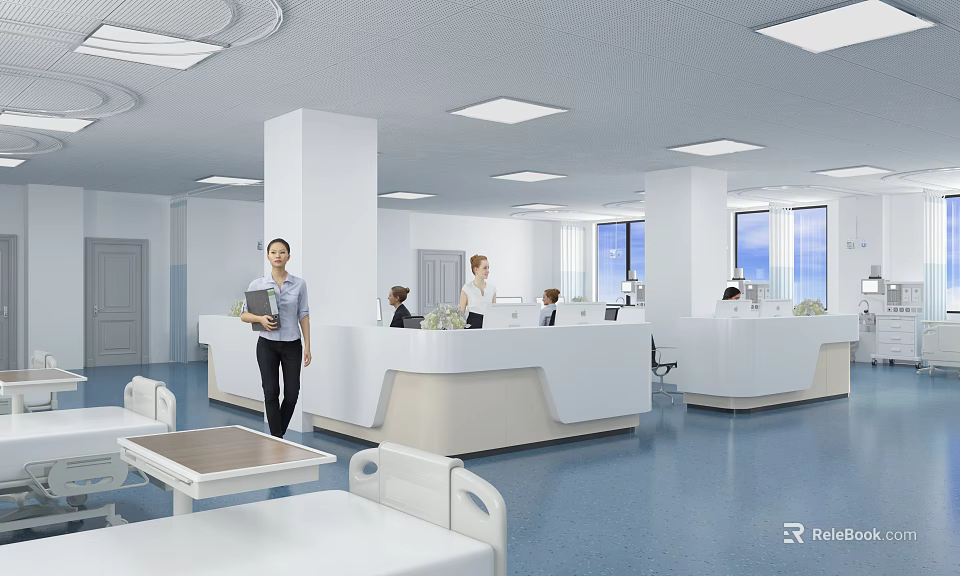 Clean Bright Hospital Outpatient Clinic Interior With Reception Counter Waiting Area And Medical Staff 3d model 