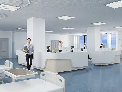 Clean Bright Hospital Outpatient Clinic Interior With Reception Counter Waiting Area And Medical Staff 3d model