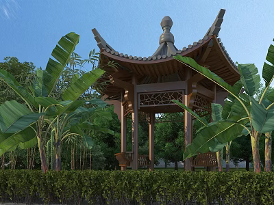 Garden Landscape With Chinese-style Pavilion Banana Trees Lush Greenery And Blue Sky Background 3d model