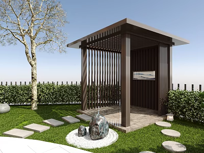 Modern Garden Pavilion With Wooden Slats Stone Decor And Green Hedges 3d model