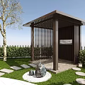 Modern Garden Pavilion With Wooden Slats Stone Decor And Green Hedges
