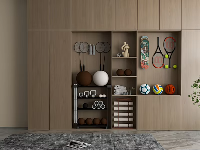 Wooden Cabinet Storage With Sports Equipment Badminton Tennis Rackets Balls And Dumbbells 3d model