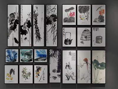 Traditional Style Abstract Paintings With Lotus Bird And Plant Motifs Displayed On Wall 3d model