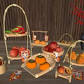 Bamboo Decorative Ornament Set With Fruit Figures Red Accents And Wooden
