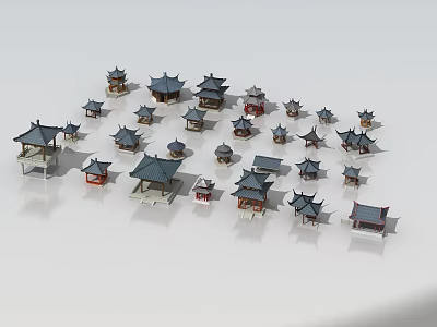 Multiple Chinese Ancient Architectural Models With Various Styles And Colors On White Background 3d model