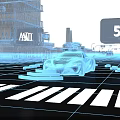 Futuristic Cityscape With Transparent Holographic Car 5G Network And Illuminated Road Markings