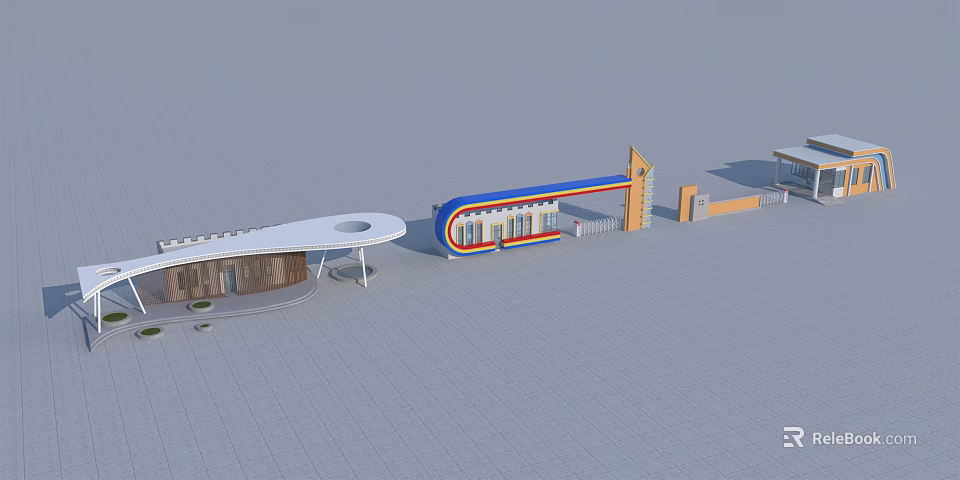 Modern Entrance Gate With Blue Red Accents And Architectural Building Structure 3d model 