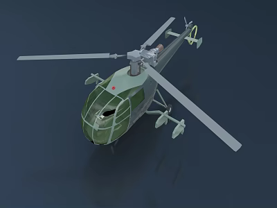 Green Military Helicopter 3D Render with Rotors Cabin and Landing Gear 3d model