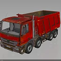 Red Mercedes Dump Truck With Large Cargo Bed And Multiple Wheels On Shiny Surface