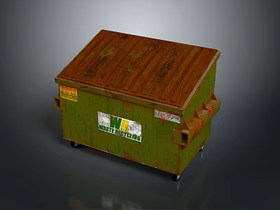 Rustic Green Waste Dumpster With Brown Lid Wheels And Management Label 3d model