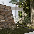 Serene Outdoor Leisure Area With Stone Wall Steps Greenery And Hanging Lights